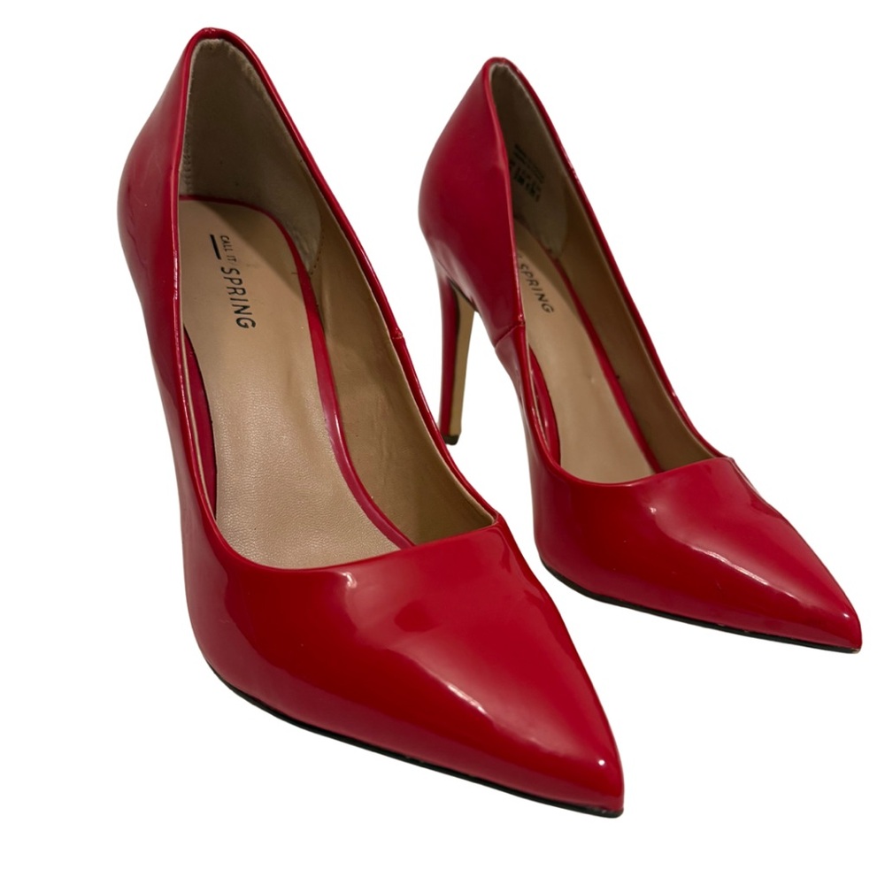 Call It Spring Women’s Red Patent Pointed Toe Pumps, Vegan Leather Heels, Size 8